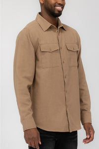 Men's Khaki Long Sleeve Solid Flannel Shirt