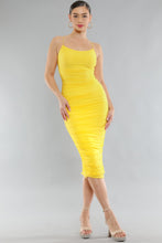 Load image into Gallery viewer, Monaco Chic Yellow Sleevless Ruched Midi Dress