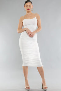 Monaco Chic White Sleevless Ruched Midi Dress