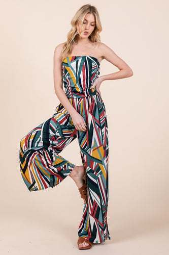 Vacation Green Printed Wide Leg Jumpsuit with Pockets