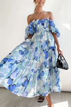 Load image into Gallery viewer, Florence of Italy Light Blue Floral Puff Sleeve Maxi Dress