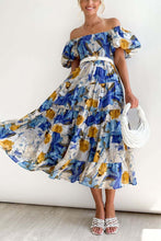 Load image into Gallery viewer, Florence of Italy Navy Blue Floral Puff Sleeve Maxi Dress