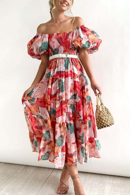 Florence of Italy Pink Red Floral Puff Sleeve Maxi Dress