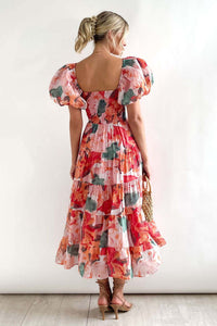 Florence of Italy Pink Orange Floral Puff Sleeve Maxi Dress