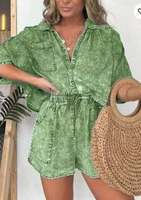 Denim Washed Green Shorts Romper