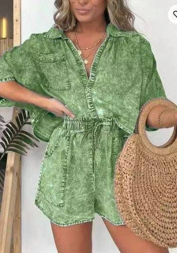 Denim Washed Green Shorts Romper