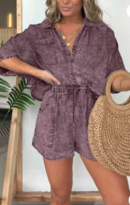 Denim Washed Green Shorts Romper