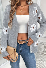 Load image into Gallery viewer, Floral Pattern Knit Grey Long Sleeve Cardigan