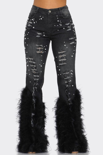 Distressed Pearl Embellished Feather Black Detail Jeans