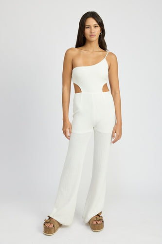 White Waffle Knit One Shoulder Cut Out Jumpsuit