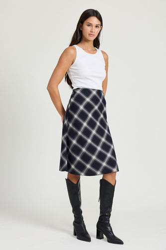 Plaid Dark Navy Midi Skirt