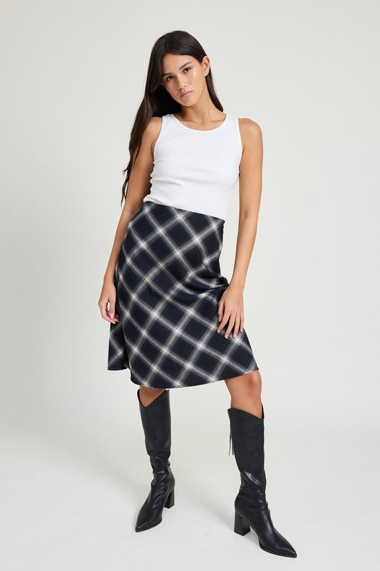 Plaid Dark Navy Midi Skirt