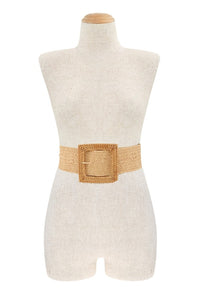 Straw Wrapped Khaki Big Rectangle Elastic Belt