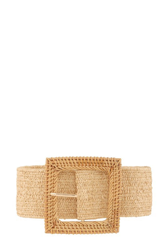 Straw Wrapped Khaki Big Rectangle Elastic Belt