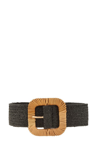 Black Straw Wrapped Round Rectangle Elastic Belt