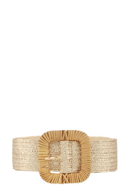 Gold Straw Wrapped Round Rectangle Elastic Belt