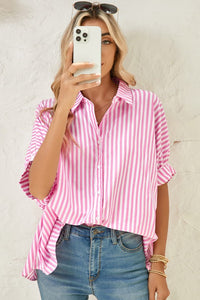 Stripe Button Up Pink Dolman Shirt