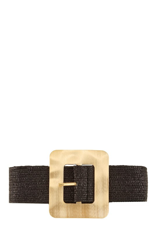 Gold Metal Square Buckle Straw Elastic Belt