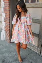 Load image into Gallery viewer, Floral Orange Square Neck Puff Sleeve Babydoll Dress