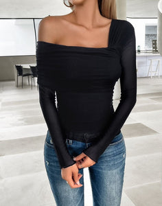 Asymmetrical Black Long Sleeve One Shoulder White Top