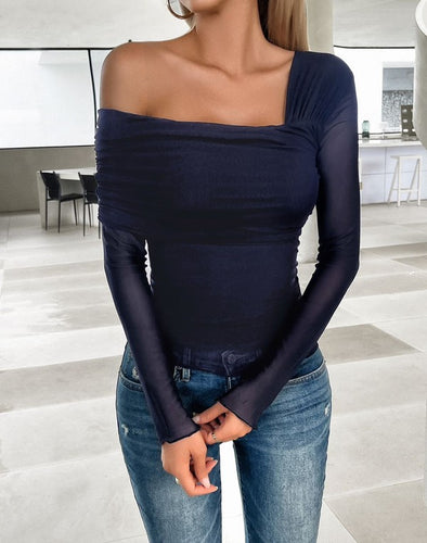 Asymmetrical Black Long Sleeve One Shoulder White Top