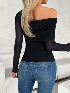 Asymmetrical Black Long Sleeve One Shoulder White Top