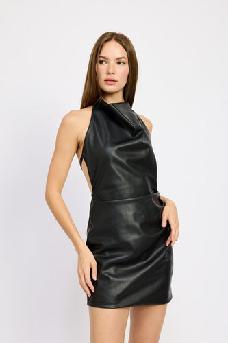 Black Faux Leather Halter Mini Dress