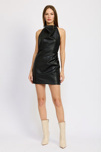 Black Faux Leather Halter Mini Dress