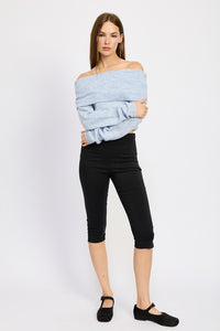 Light Blue Off Shoulder Long Sleeve Fold Over Top