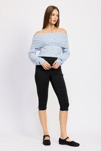 Light Blue Off Shoulder Long Sleeve Fold Over Top