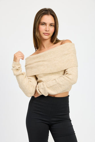 Natural Beige Off Shoulder Long Sleeve Fold Over Top