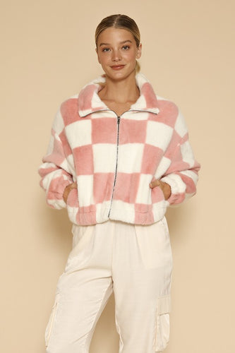 Fuzzy Pink Checkered Zip Front Jacket