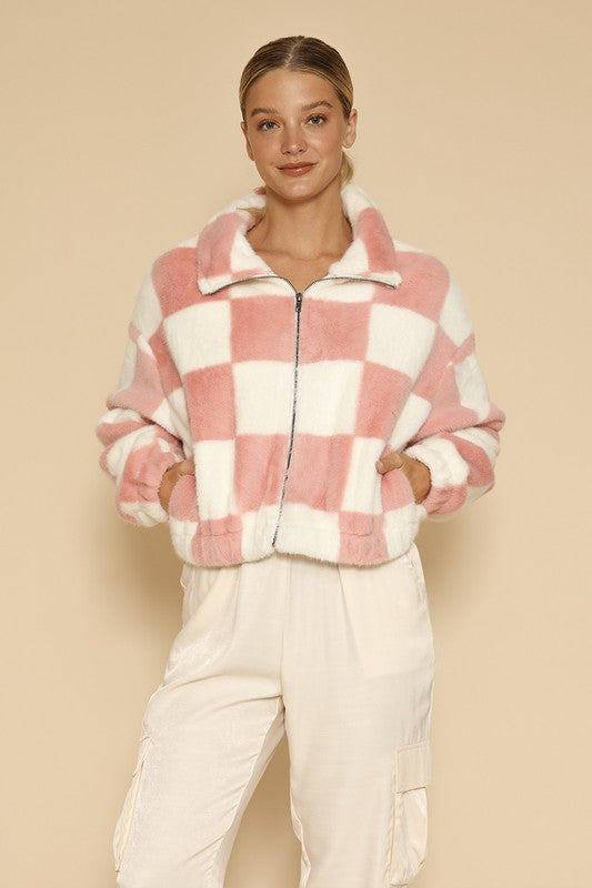 Fuzzy Pink Checkered Zip Front Jacket