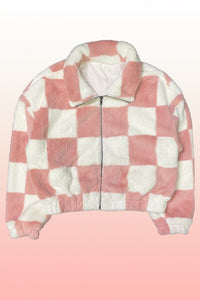 Fuzzy Pink Checkered Zip Front Jacket