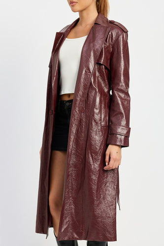 Faux Wine Red Leather Trench Coat