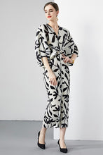 Load image into Gallery viewer, Black &amp; White Leaf Printed Batwing Sleeve Maxi Dress