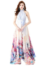 Load image into Gallery viewer, Whimsical Blue Floral Halter Chiffon Maxi Dress