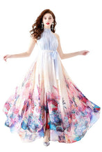 Load image into Gallery viewer, Whimsical Blue Floral Halter Chiffon Maxi Dress