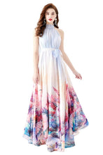 Load image into Gallery viewer, Whimsical Blue Floral Halter Chiffon Maxi Dress