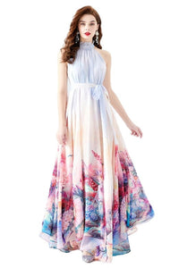 Whimsical Blue Floral Halter Chiffon Maxi Dress