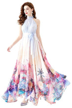 Load image into Gallery viewer, Whimsical Blue Floral Halter Chiffon Maxi Dress