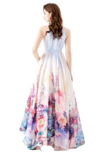 Load image into Gallery viewer, Whimsical Blue Floral Halter Chiffon Maxi Dress