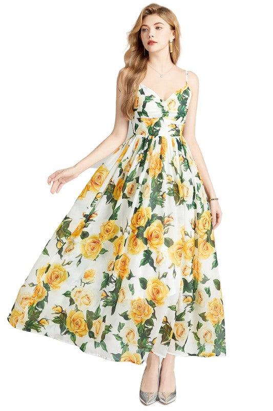 White Yellow Floral Maxi Backless Maxi Dress