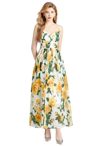 White Yellow Floral Maxi Backless Maxi Dress