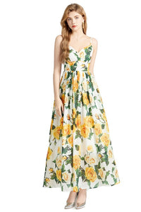 White Yellow Floral Maxi Backless Maxi Dress