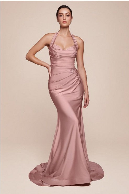 Luxury Rose Stretch Satin Halter Gown