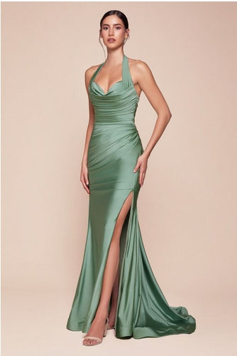 Luxury Green Stretch Satin Halter Gown