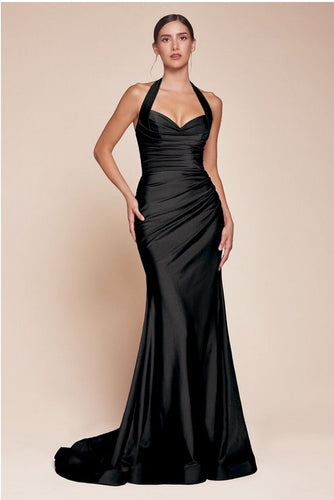 Luxury Black Stretch Satin Halter Gown