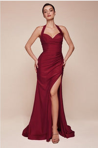 Luxury Red Stretch Satin Halter Gown