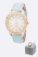 Load image into Gallery viewer, Mint Crystal Bezel Leather Band Fashion Watch